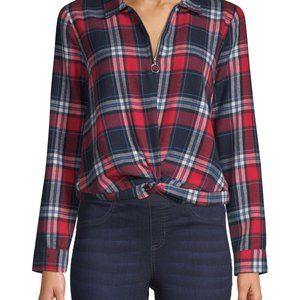 NOBO - No boundaries Plaid Half Zip Twist Knot Top